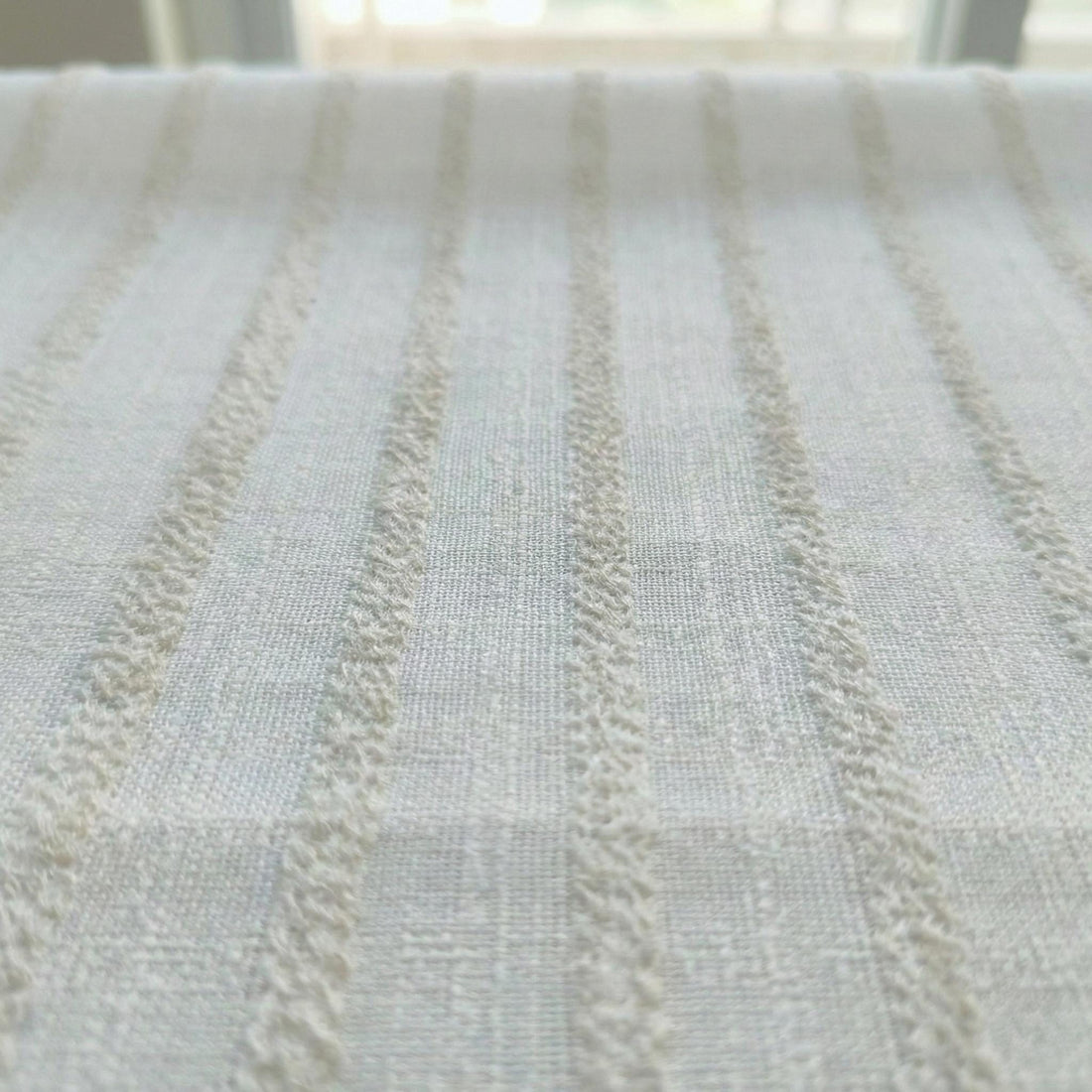 Embroidered Linen Sheer Curtain, Ivory White, Vertical Stripe, Custom Size — image 1