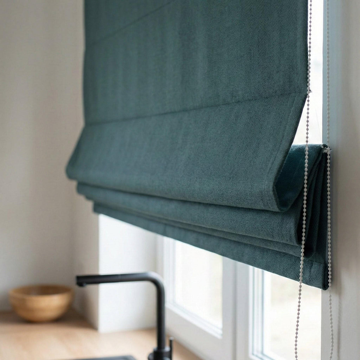 Teal Herringbone Linen Roman Shade, Custom Corded Window Blind, OEKO-TEX — image 2