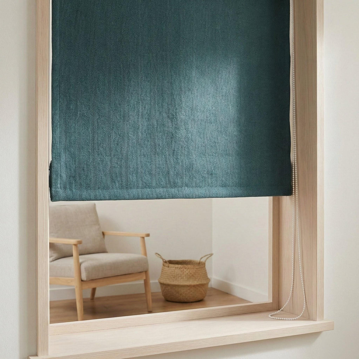 Teal Herringbone Linen Roman Shade, Custom Corded Window Blind, OEKO-TEX — image 7