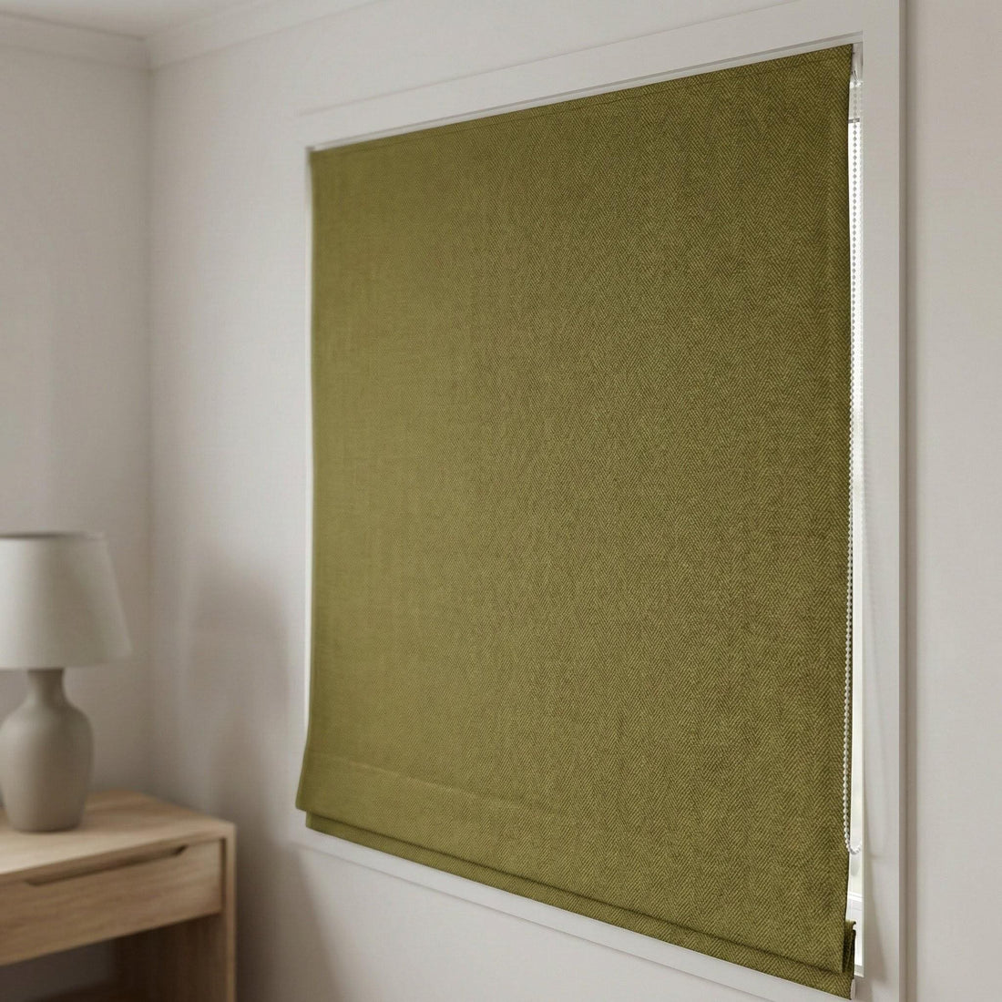 Olive Green Herringbone Linen Roman Shade, Custom Corded Window Blind — image 1