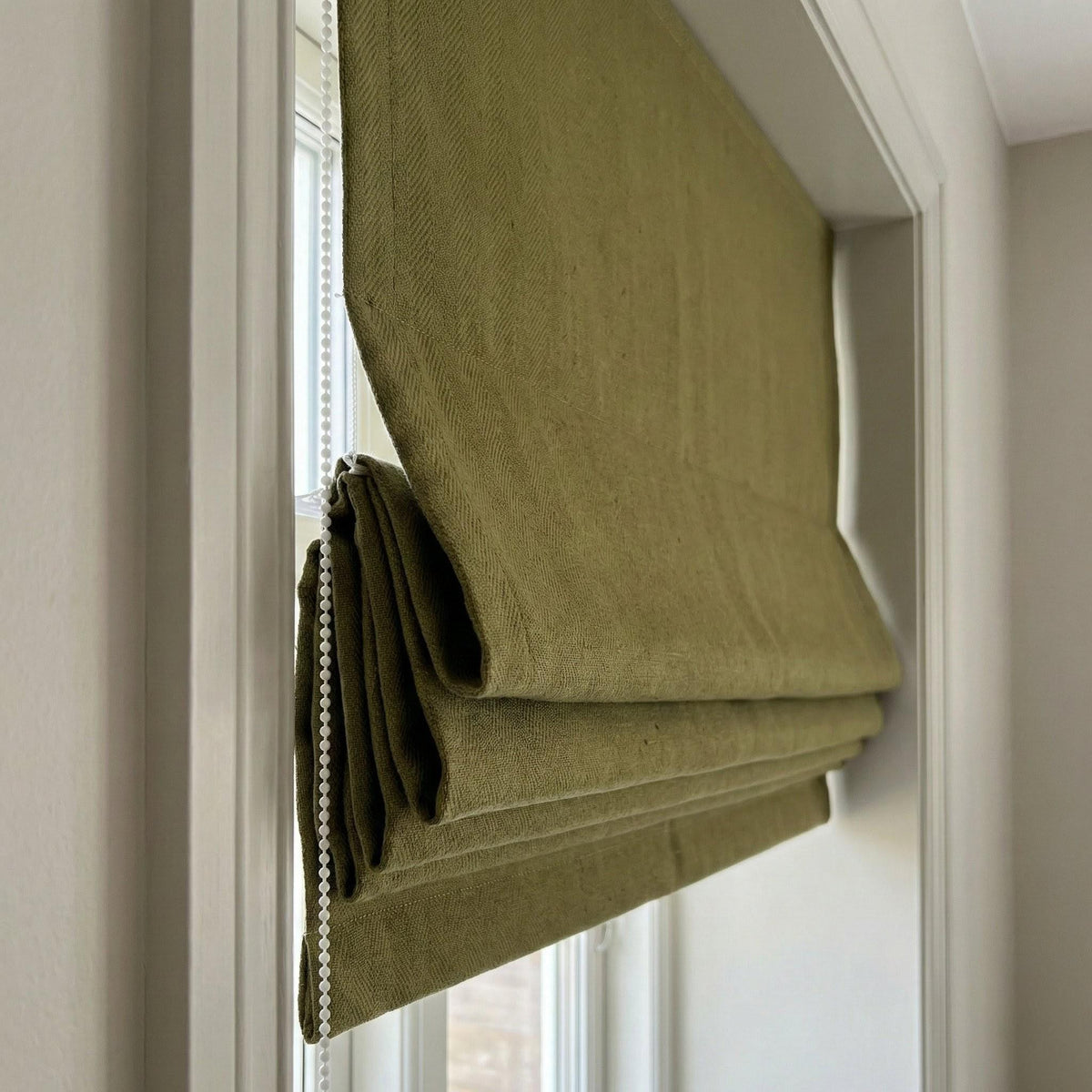 Olive Green Herringbone Linen Roman Shade, Custom Corded Window Blind — image 3