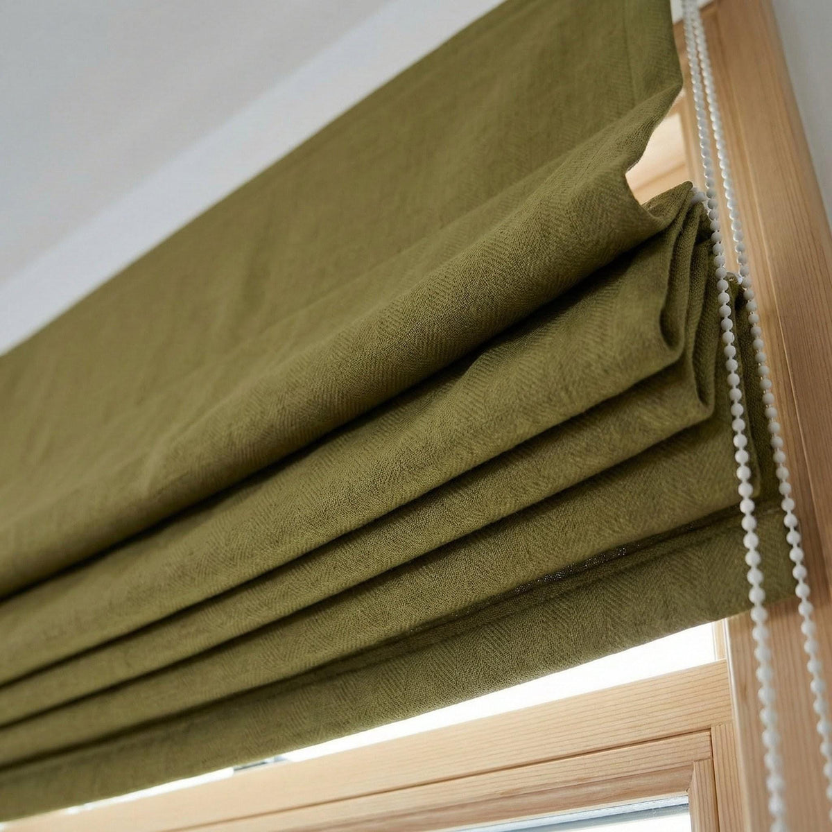 Olive Green Herringbone Linen Roman Shade, Custom Corded Window Blind — image 4