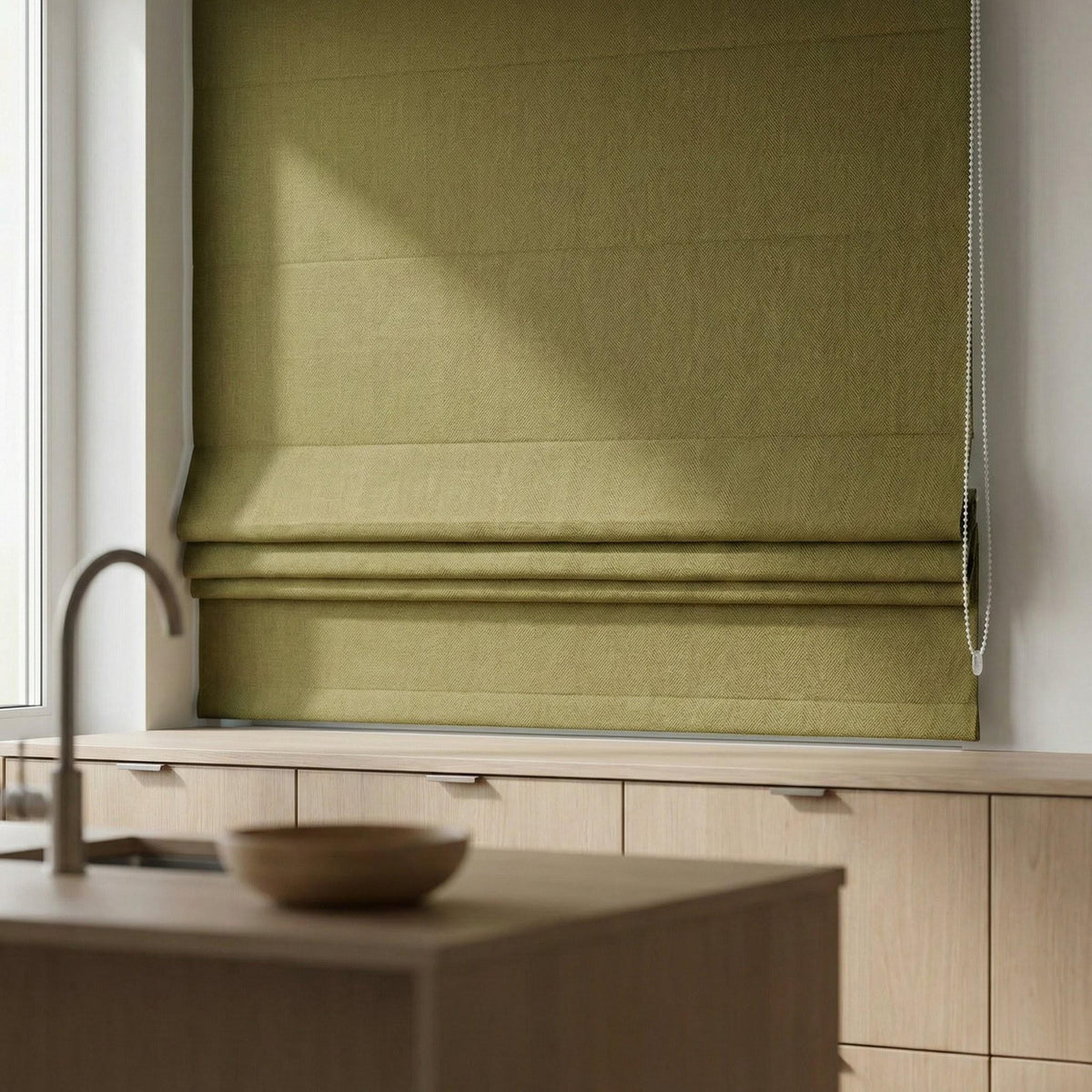 Olive Green Herringbone Linen Roman Shade, Custom Corded Window Blind — image 8