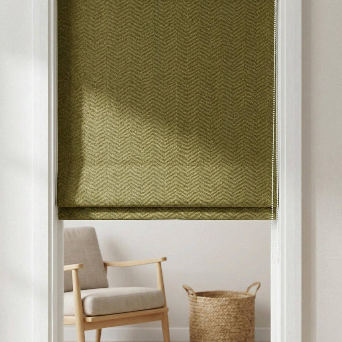 Olive Green Herringbone Linen Roman Shade, Custom Corded Window Blind — image 6