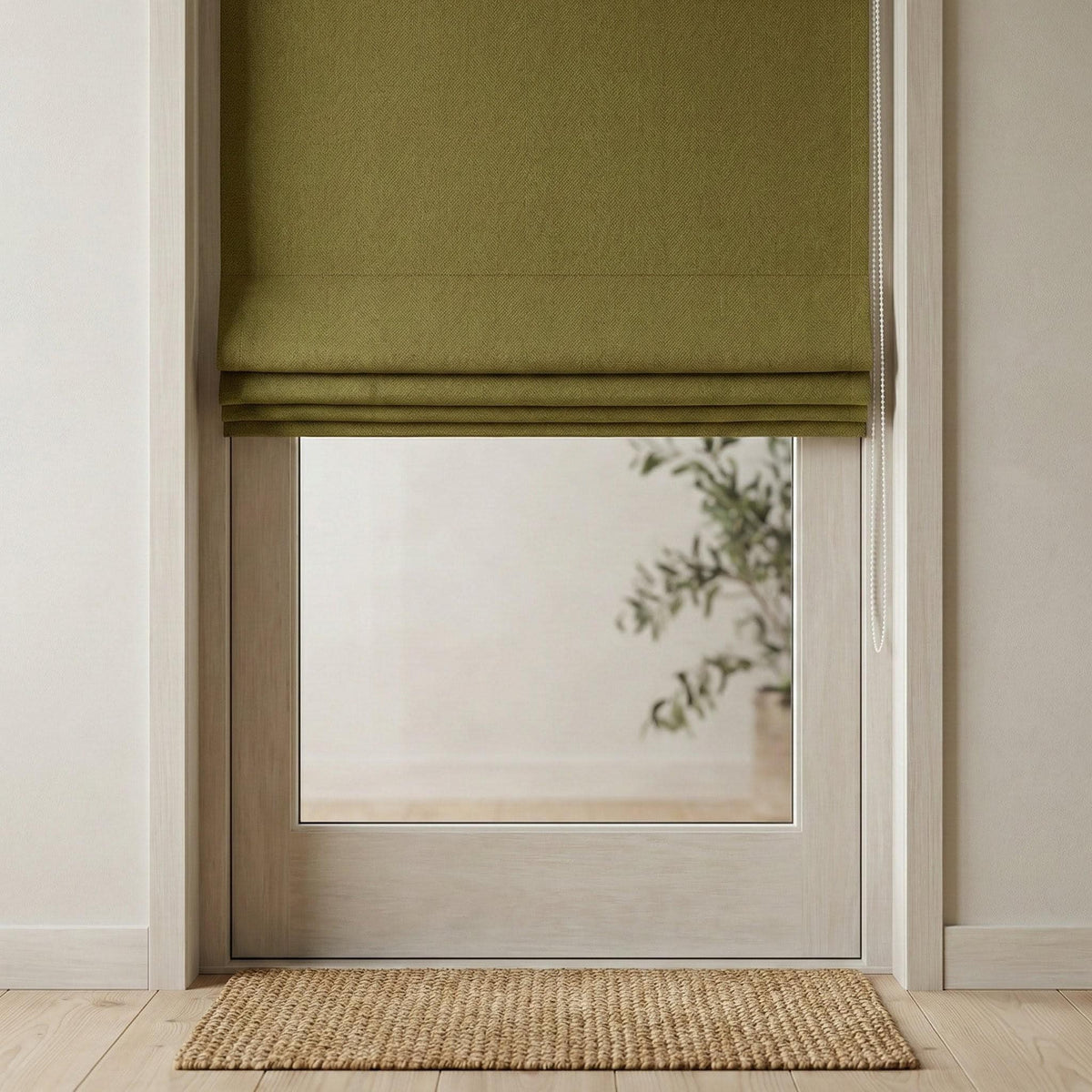 Olive Green Herringbone Linen Roman Shade, Custom Corded Window Blind — image 7