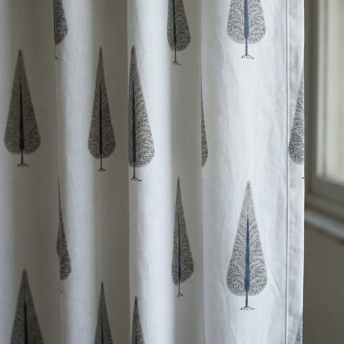Hand Block Printed Curtains - Organic Cotton, Navy Grey Tree Pattern — image 1