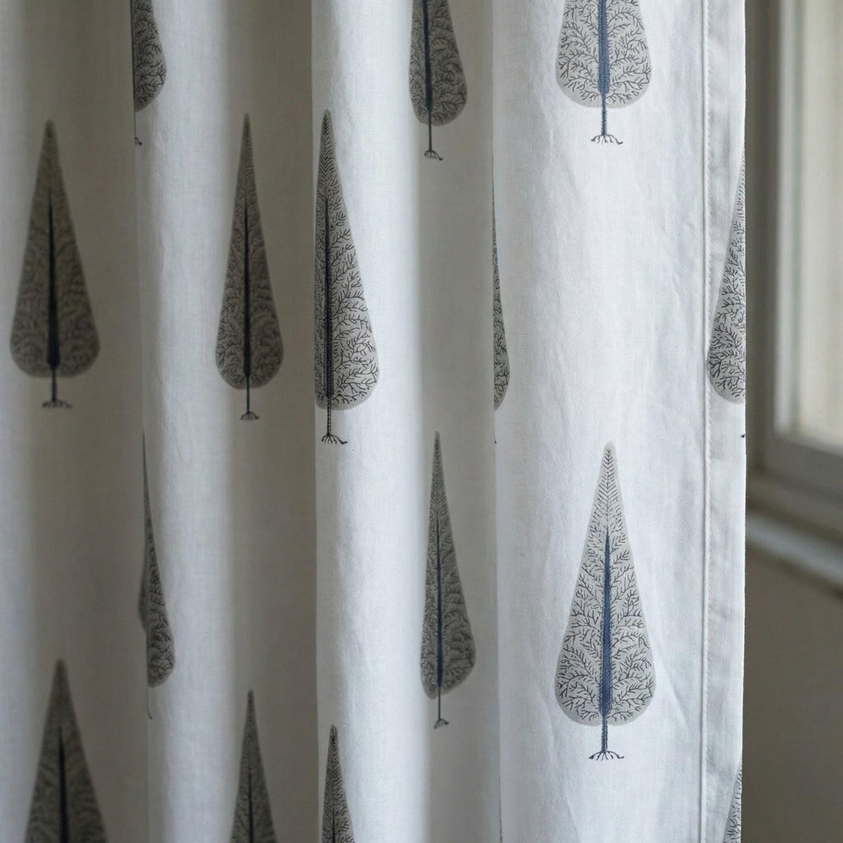 Hand Block Printed Curtains - Organic Cotton, Navy Grey Tree Pattern — image 1