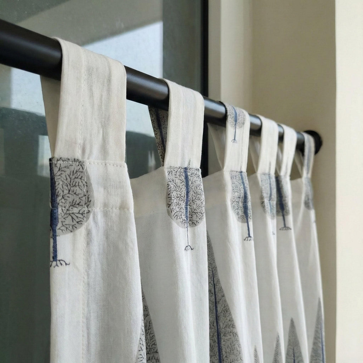 Hand Block Printed Curtains - Organic Cotton, Navy Grey Tree Pattern — image 9