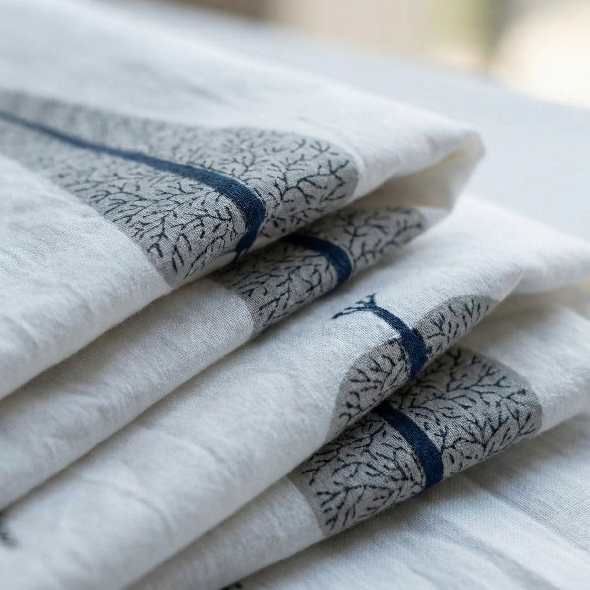 Hand Block Printed Curtains - Organic Cotton, Navy Grey Tree Pattern — image 5