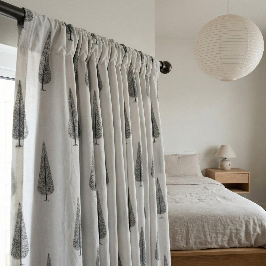 Hand Block Printed Curtains - Organic Cotton, Navy Grey Tree Pattern — image 1
