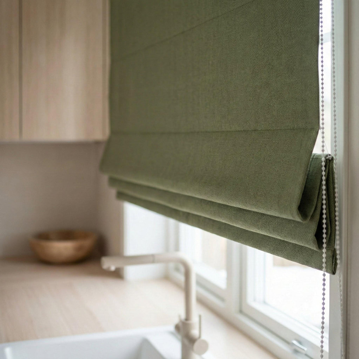 Sage Green Linen Roman Shade, Herringbone Texture, Custom Corded Blind — image 6