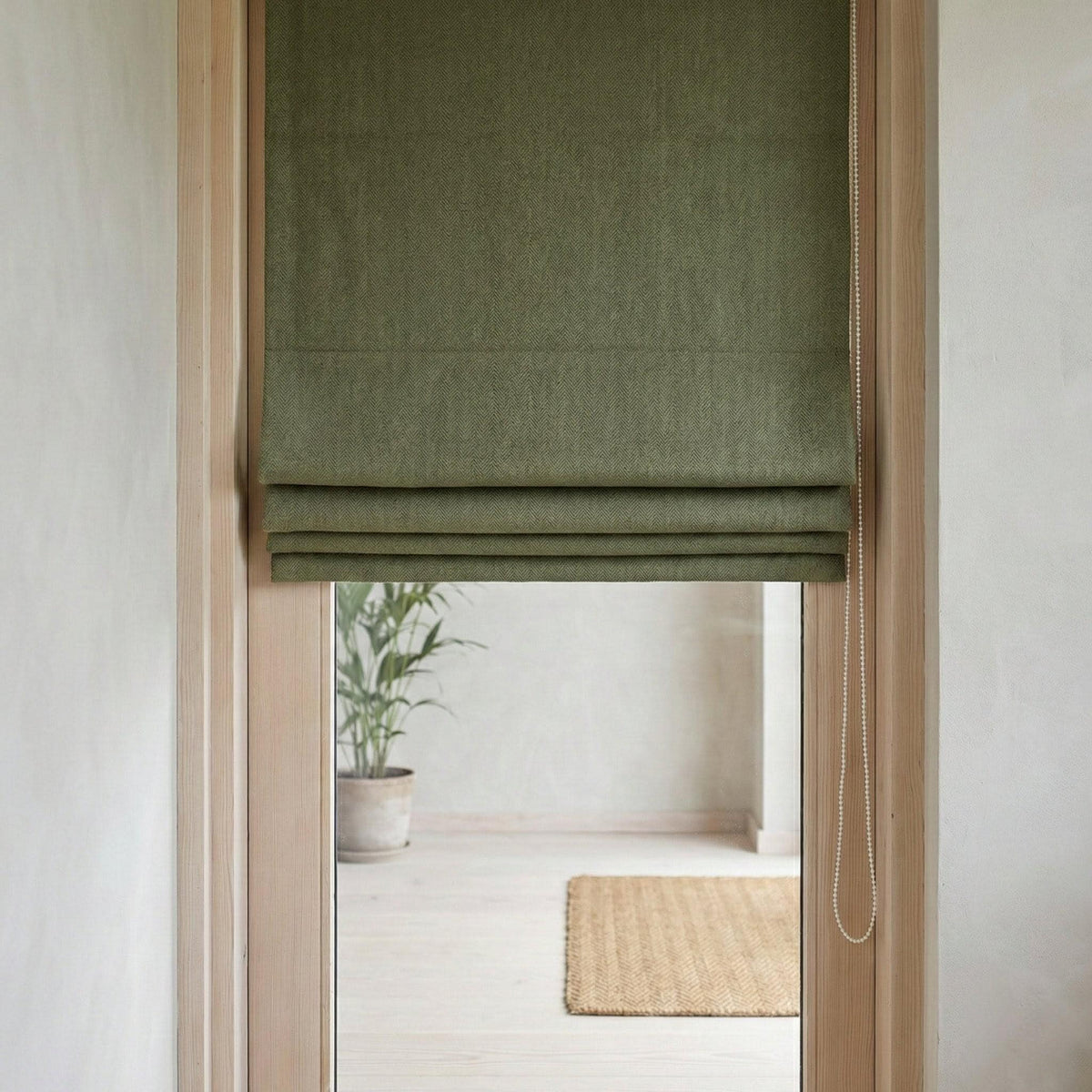 Sage Green Linen Roman Shade, Herringbone Texture, Custom Corded Blind — image 2