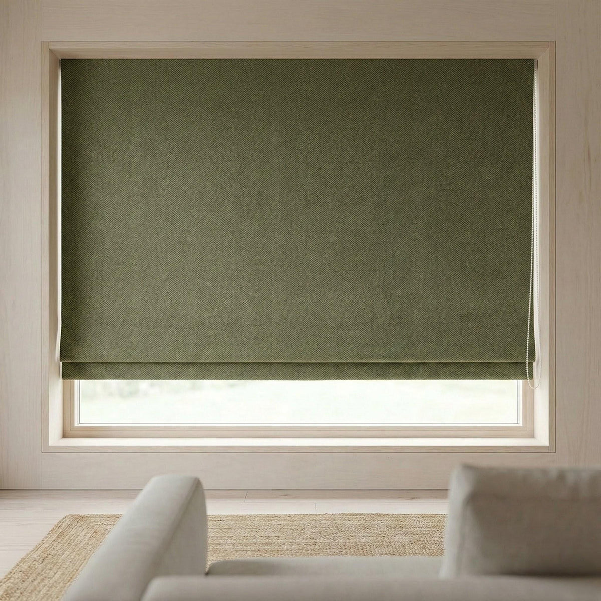 Sage Green Linen Roman Shade, Herringbone Texture, Custom Corded Blind — image 5