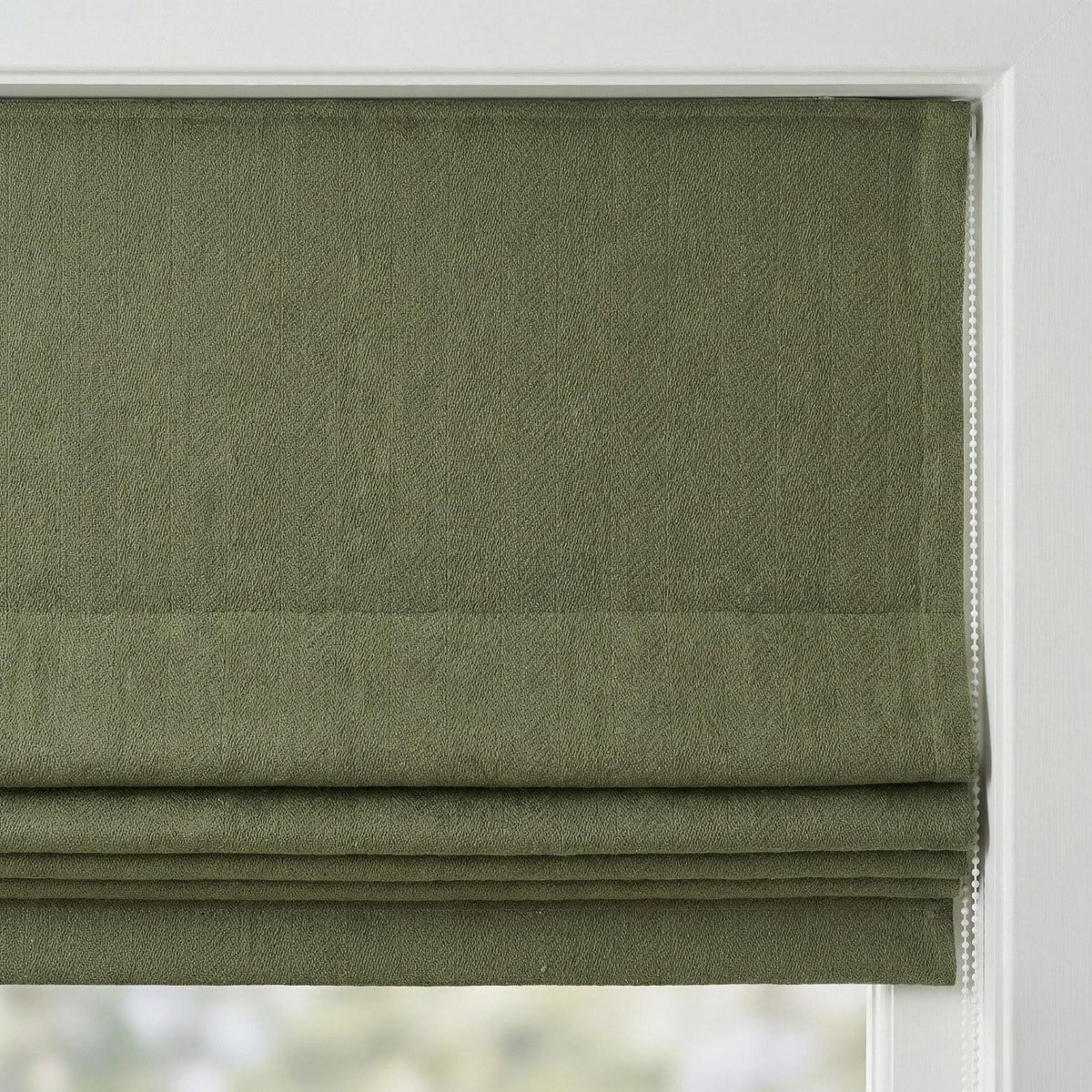 Sage Green Linen Roman Shade, Herringbone Texture, Custom Corded Blind — image 1