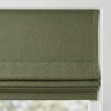 Sage Green Linen Roman Shade, Herringbone Texture, Custom Corded Blind — image 1