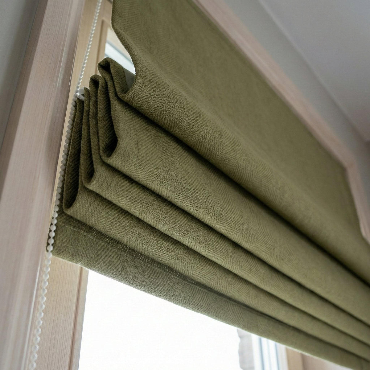 Moss Green Herringbone Linen Roman Shade, Custom Corded Window Blind, OEKO-TEX — image 5