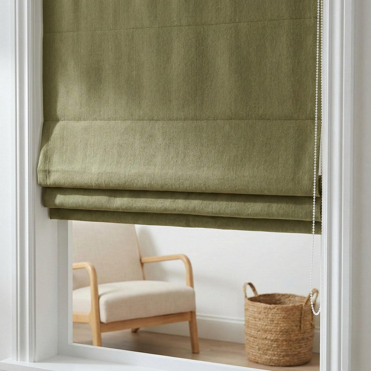 Moss Green Herringbone Linen Roman Shade, Custom Corded Window Blind, OEKO-TEX — image 6