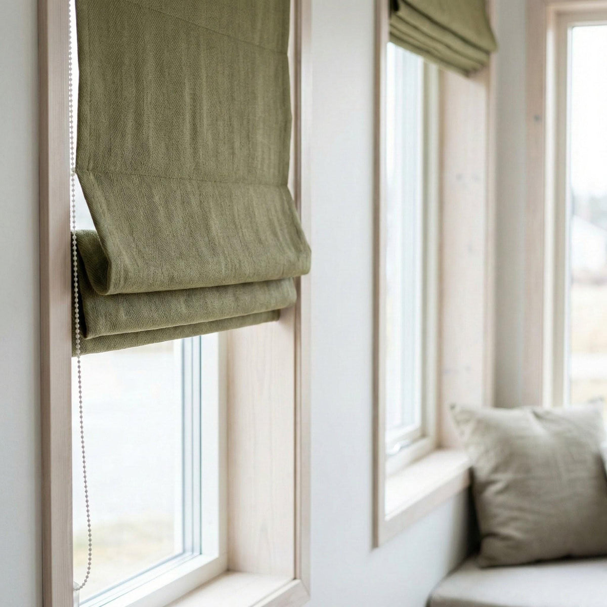 Moss Green Herringbone Linen Roman Shade, Custom Corded Window Blind, OEKO-TEX — image 7