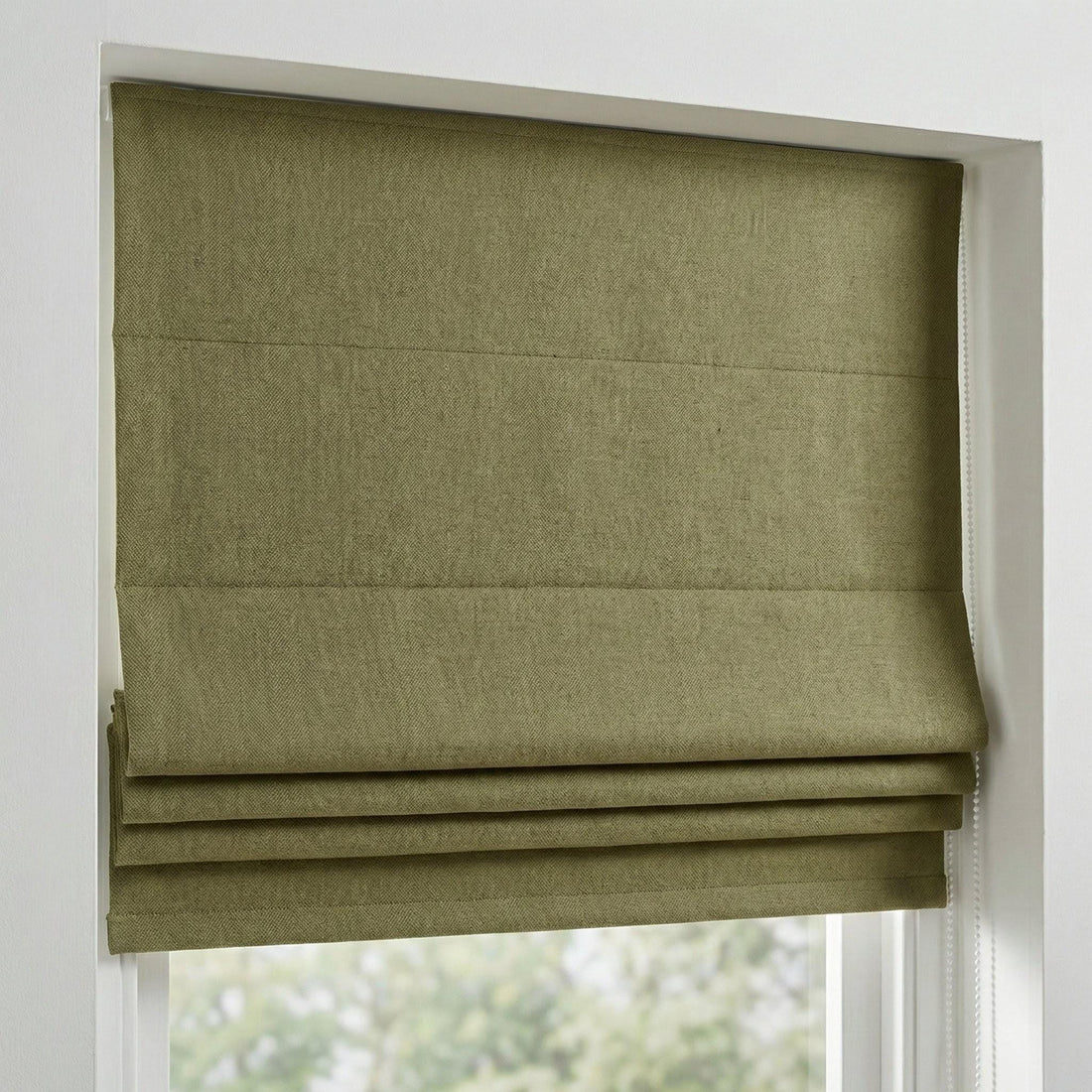 Moss Green Herringbone Linen Roman Shade, Custom Corded Window Blind, OEKO-TEX — image 1