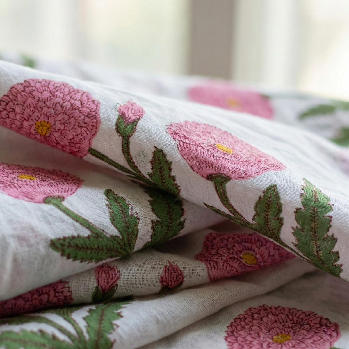 Pink Floral Block Print Curtain Panel, Organic Cotton Semi Sheer — image 10