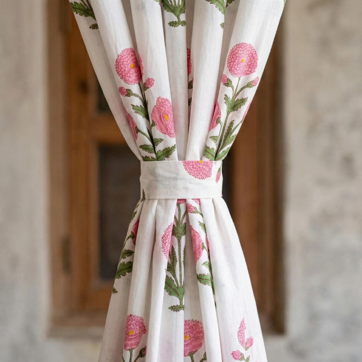Pink Floral Block Print Curtain Panel, Organic Cotton Semi Sheer — image 4