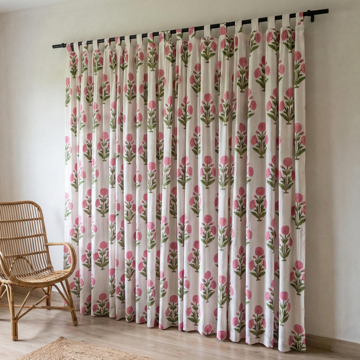 Pink Floral Block Print Curtain Panel, Organic Cotton Semi Sheer — image 8