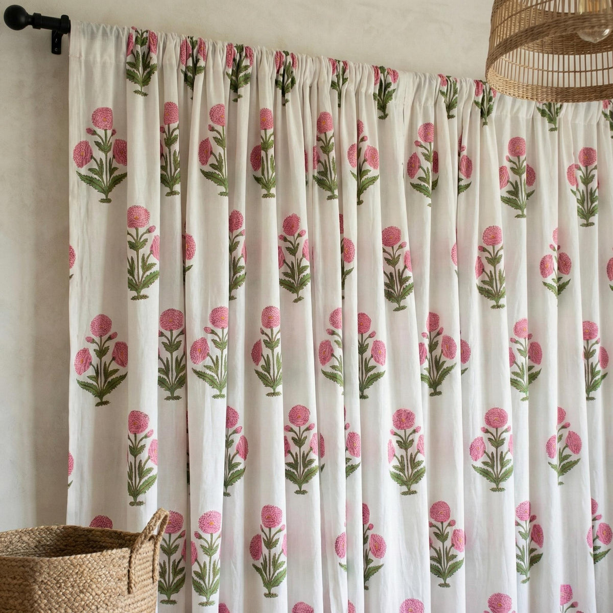 Pink Floral Block Print Curtain Panel, Organic Cotton Semi Sheer — image 3