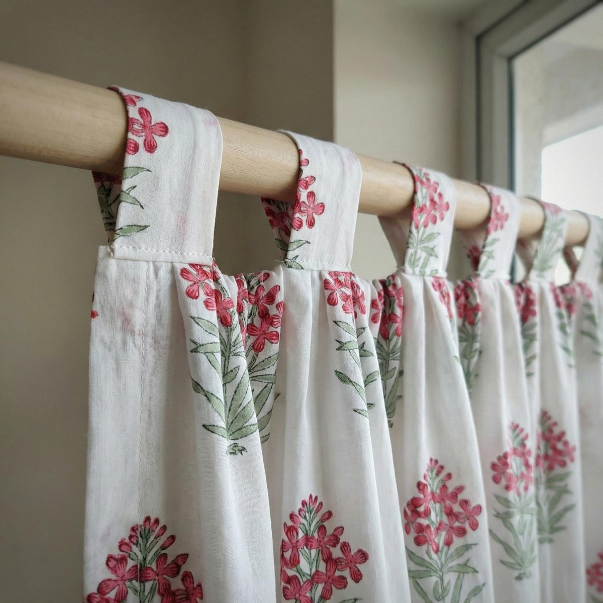 Hand Block Print Organic Cotton Curtain, Pink Floral, Semi Sheer — image 2