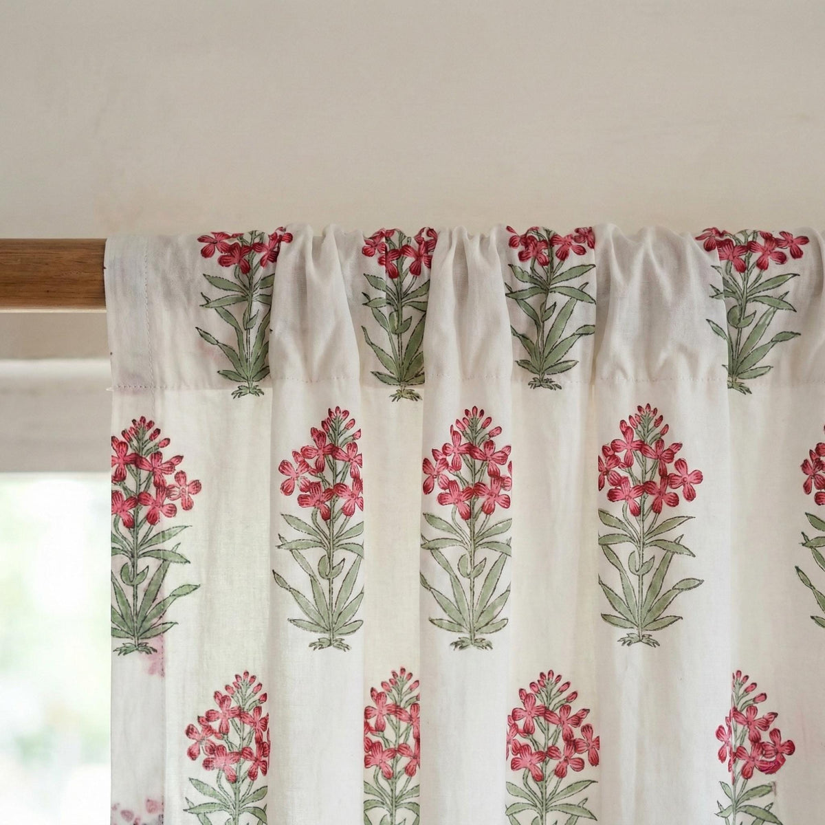 Hand Block Print Organic Cotton Curtain, Pink Floral, Semi Sheer — image 9