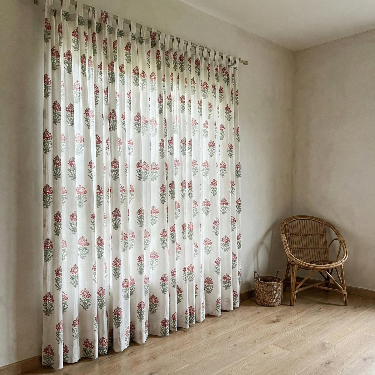 Hand Block Print Organic Cotton Curtain, Pink Floral, Semi Sheer — image 6