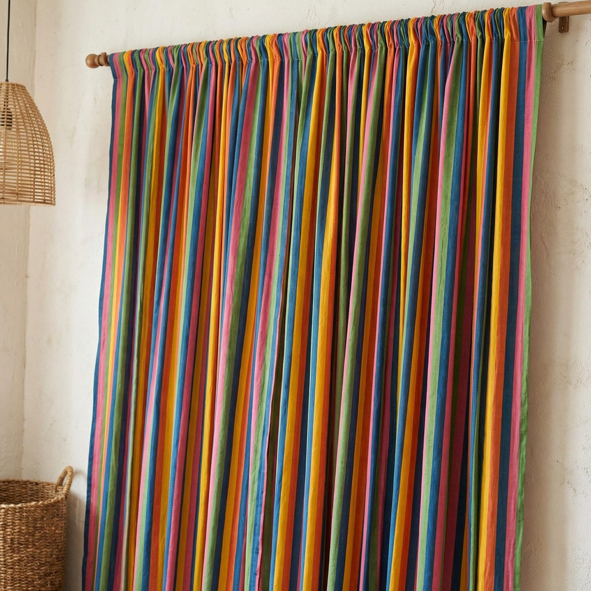 Rainbow Stripe Organic Cotton Curtains, Hand Block Print, Custom Size — image 2