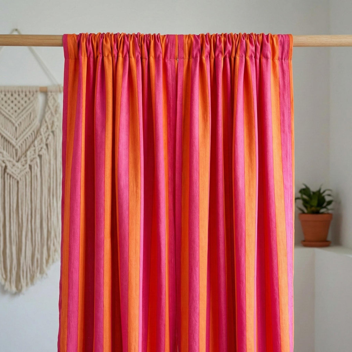 Pink Orange Striped Curtains, Hand Block Print, Organic Cotton Drapes — image 9