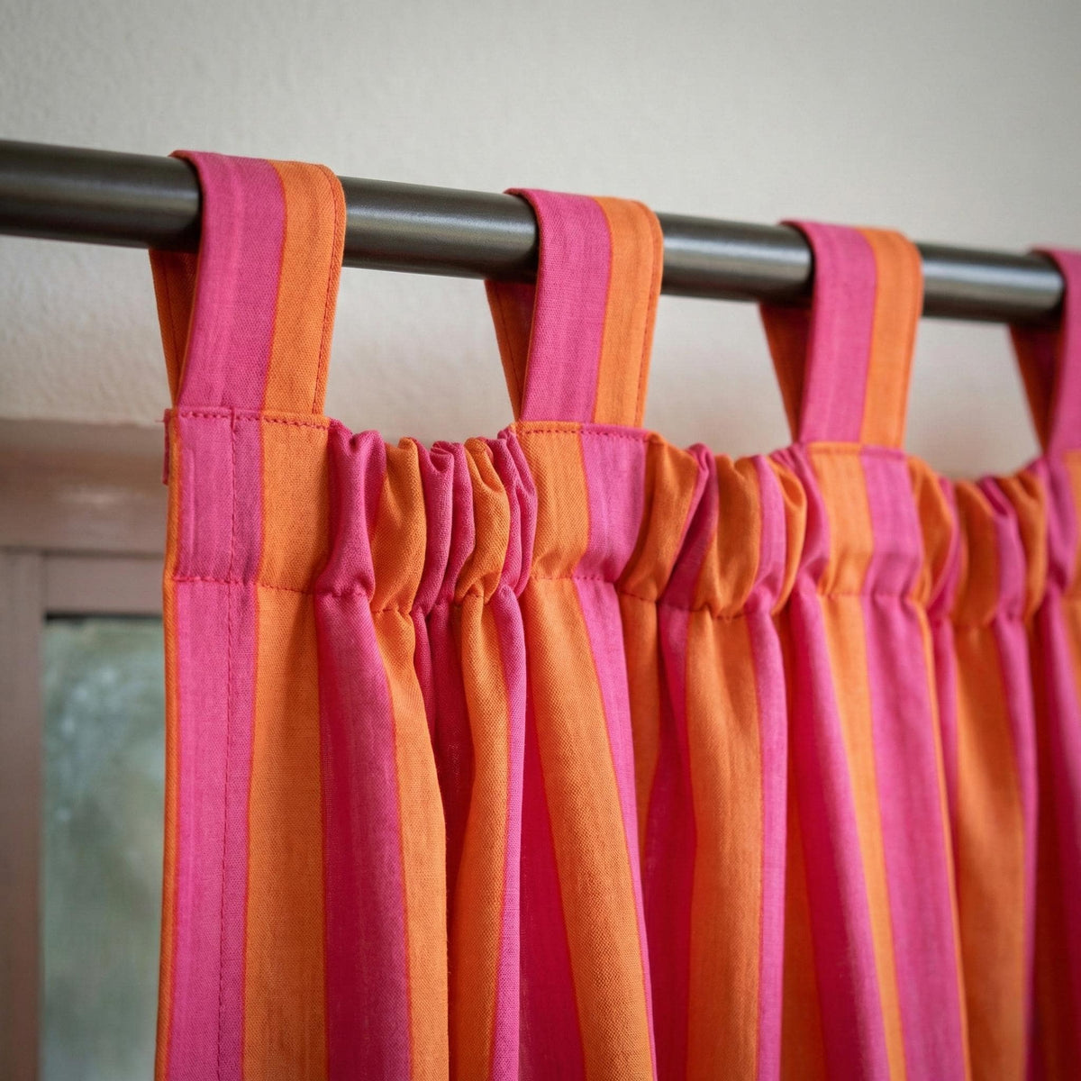 Pink Orange Striped Curtains, Hand Block Print, Organic Cotton Drapes — image 4