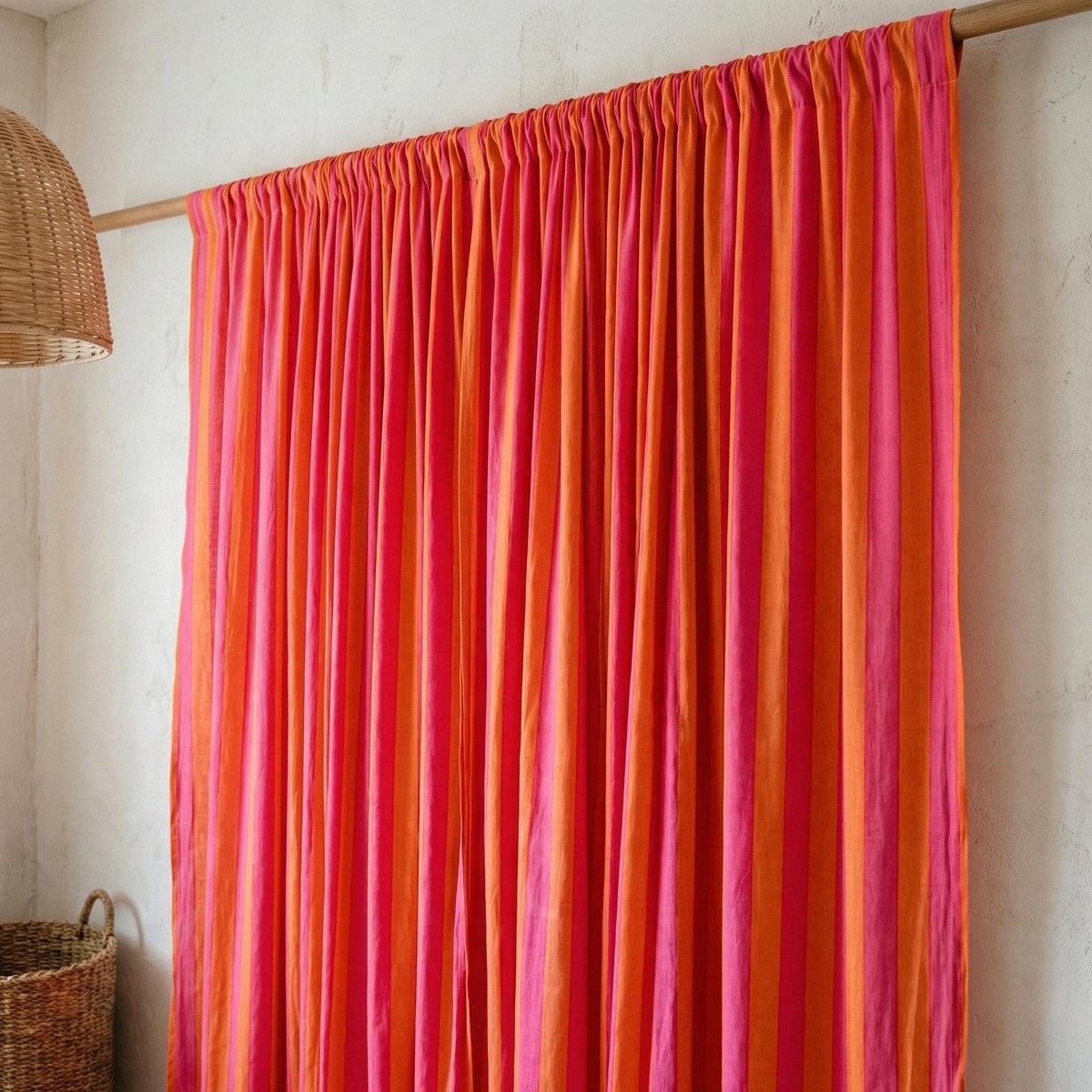 Pink Orange Striped Curtains, Hand Block Print, Organic Cotton Drapes — image 5