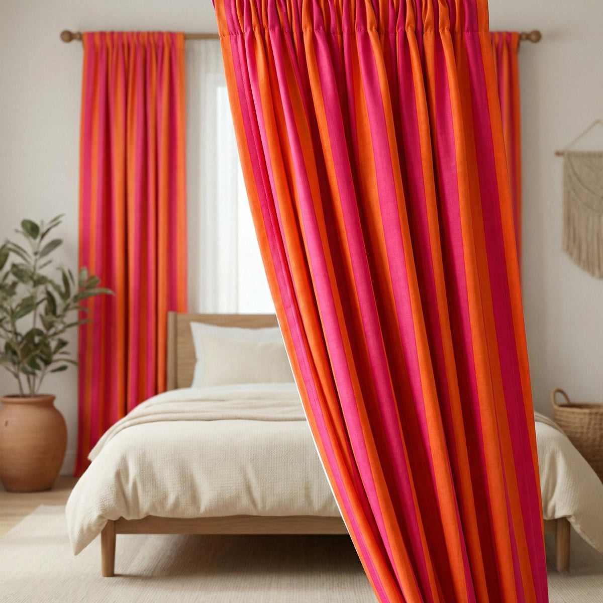 Pink Orange Striped Curtains, Hand Block Print, Organic Cotton Drapes — image 10