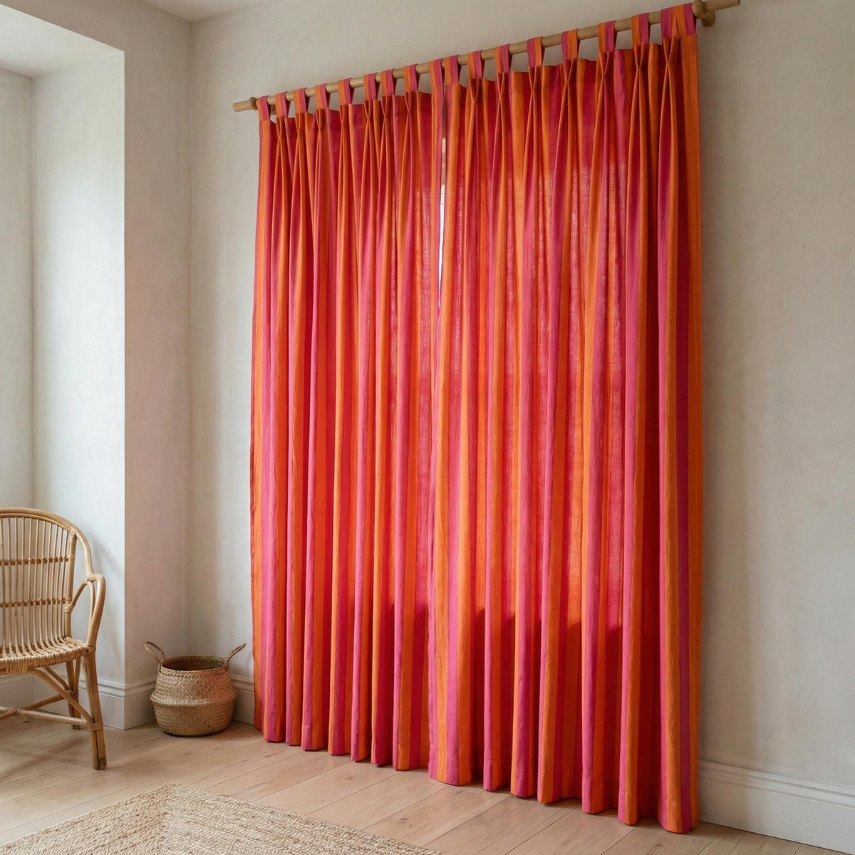 Pink Orange Striped Curtains, Hand Block Print, Organic Cotton Drapes — image 8