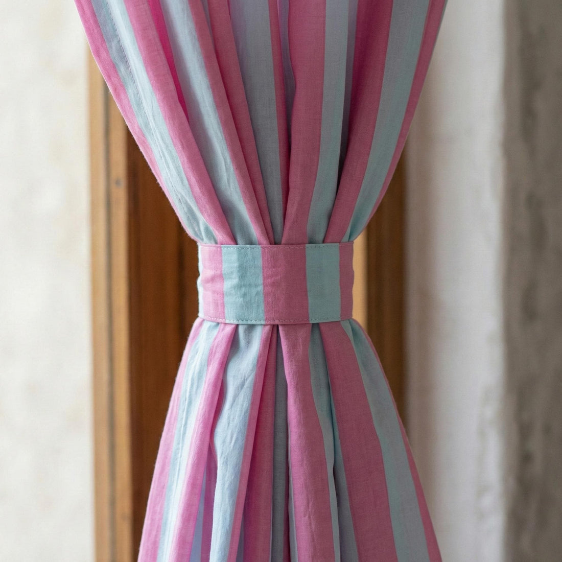 Hand Block Print Organic Cotton Curtains, Pink White Stripe, Custom Size — image 1