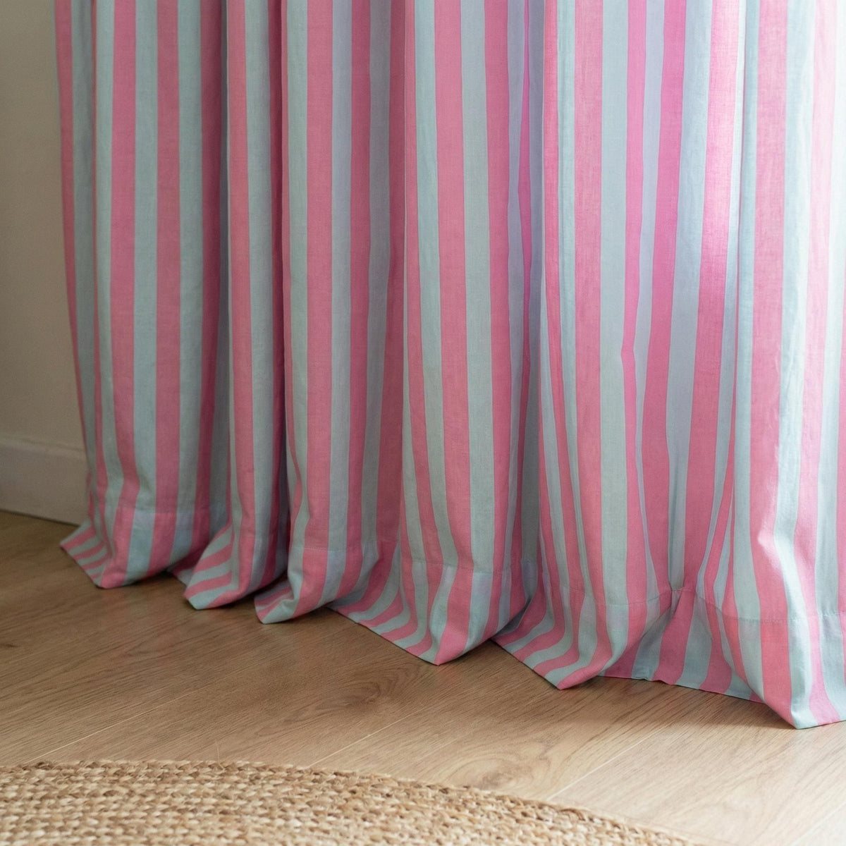Hand Block Print Organic Cotton Curtains, Pink White Stripe, Custom Size — image 3