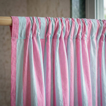 Hand Block Print Organic Cotton Curtains, Pink White Stripe, Custom Size — image 1