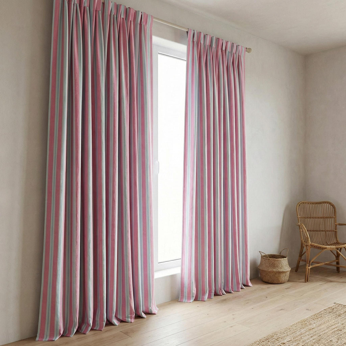 Hand Block Print Organic Cotton Curtains, Pink White Stripe, Custom Size — image 4