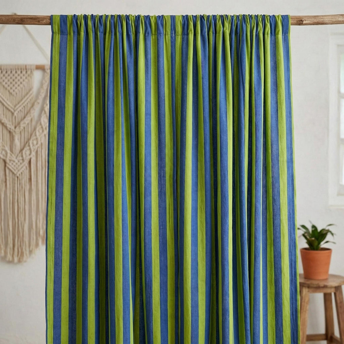 Hand Block Print Organic Cotton Curtains, Navy Green Stripe, Custom Size — image 9