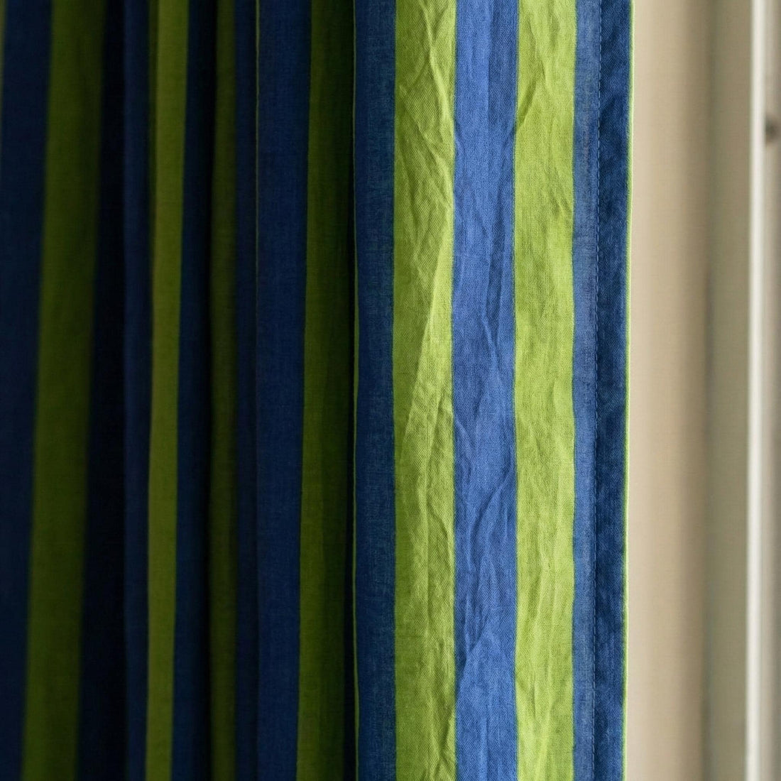 Hand Block Print Organic Cotton Curtains, Navy Green Stripe, Custom Size — image 1