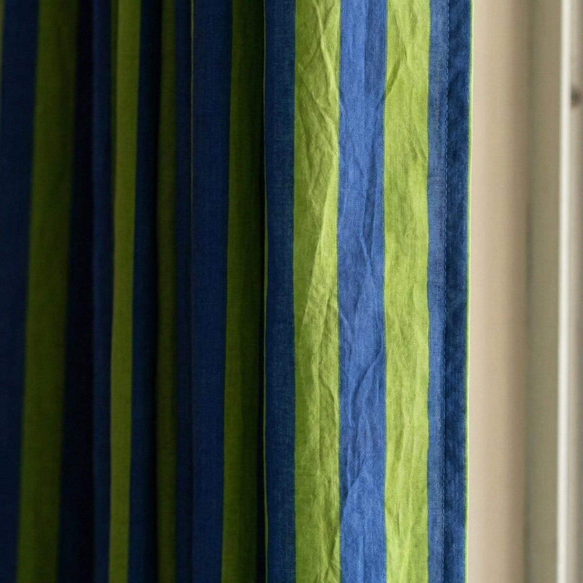 Hand Block Print Organic Cotton Curtains, Navy Green Stripe, Custom Size — image 1