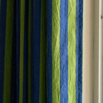 Hand Block Print Organic Cotton Curtains, Navy Green Stripe, Custom Size — image 1