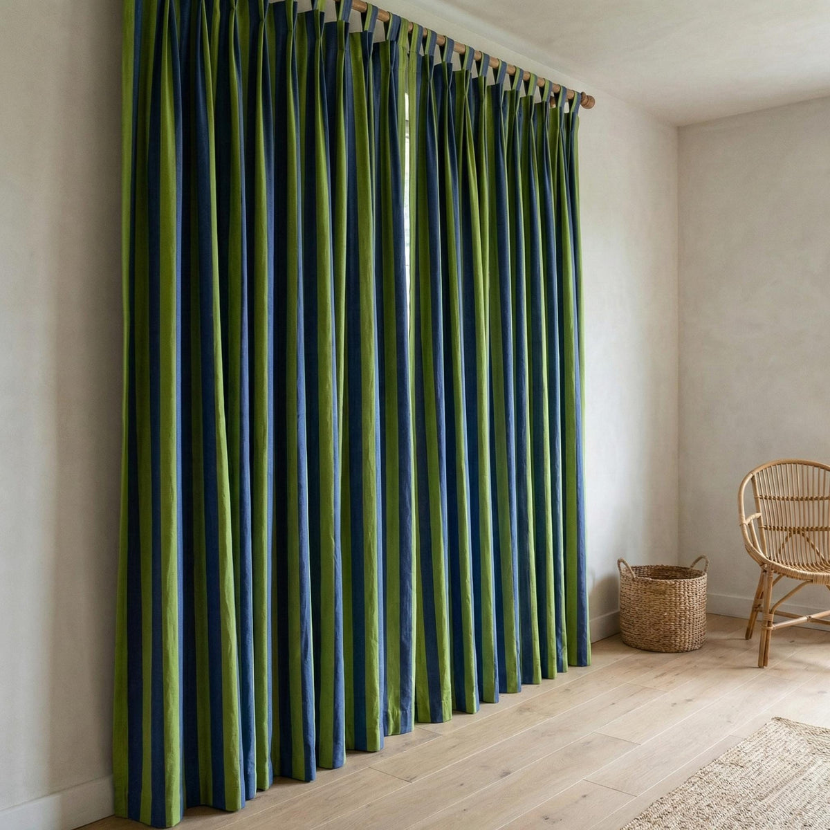 Hand Block Print Organic Cotton Curtains, Navy Green Stripe, Custom Size — image 5