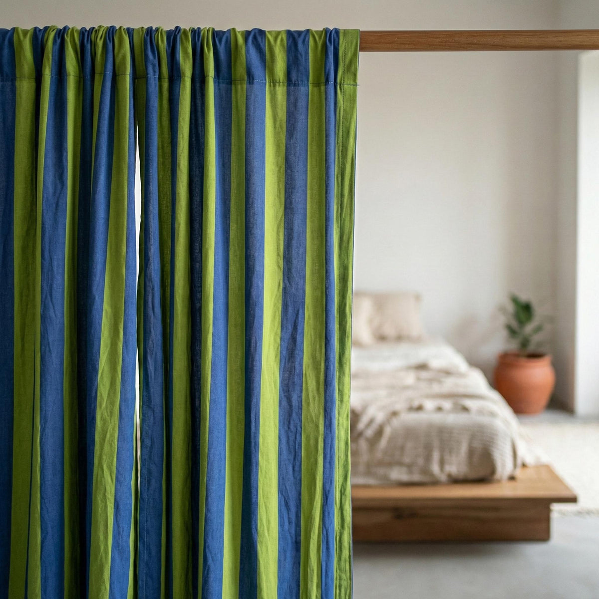 Hand Block Print Organic Cotton Curtains, Navy Green Stripe, Custom Size — image 10