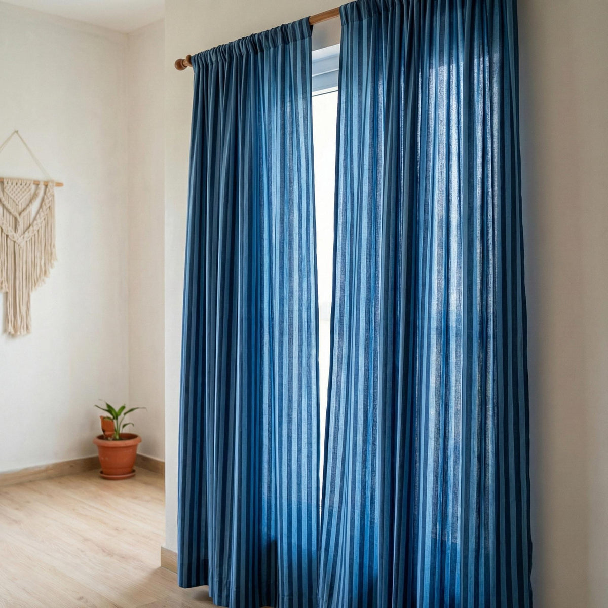 Blue Stripe Organic Cotton Curtains, Hand Block Print, Custom Size — image 5