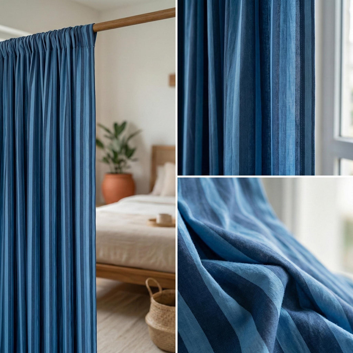Blue Stripe Organic Cotton Curtains, Hand Block Print, Custom Size — image 7