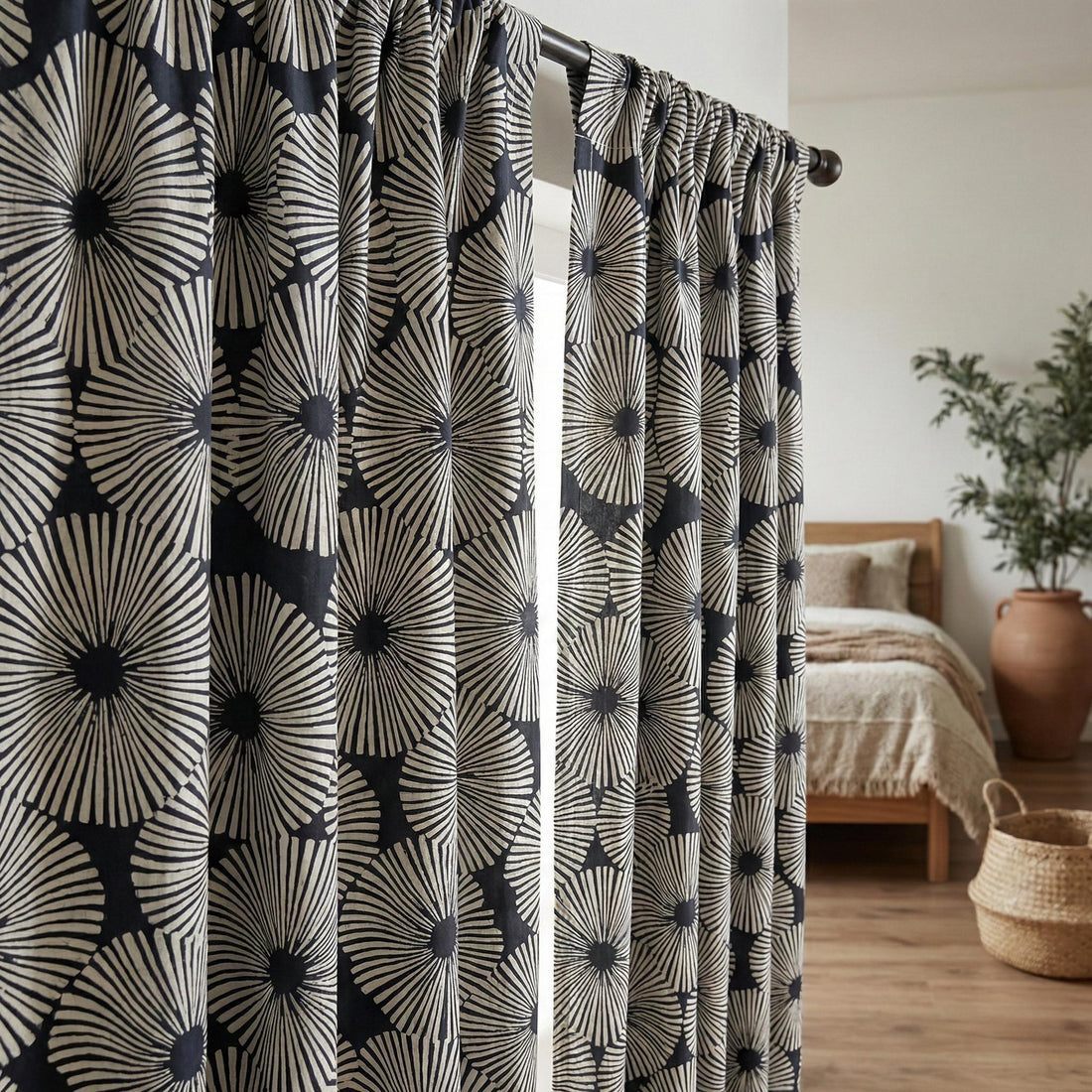 Black Sunburst Curtains, Organic Cotton Hand Block Print Drapes — image 1