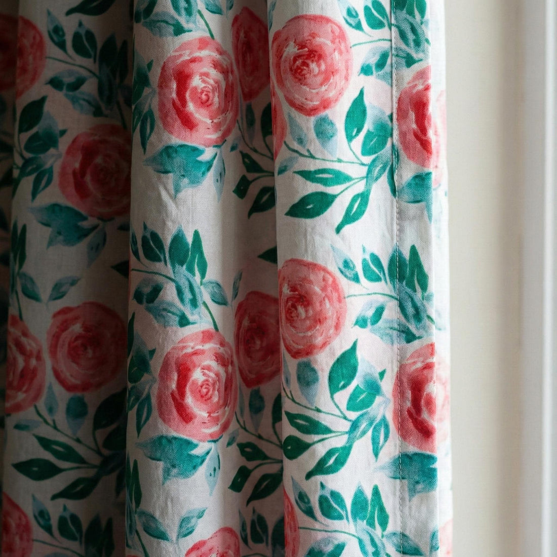 Rose Floral Curtains, Hand Block Print Organic Cotton Drapes — image 1